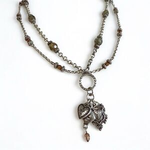 Brighton Double Chain Heart Charm Necklace Beaded Boho Style 20”